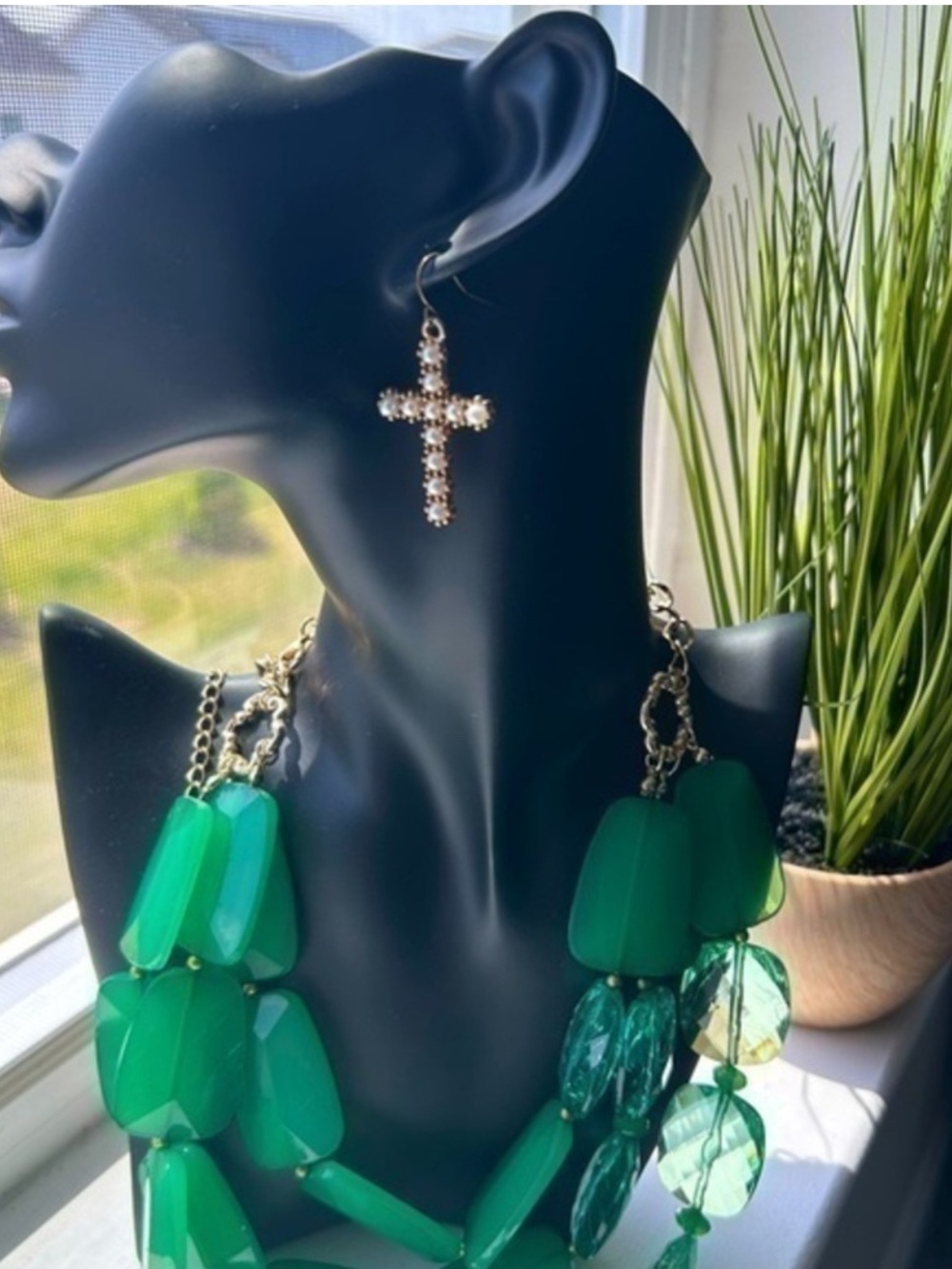 🌸 Green Beaded Statement Earrings with Gold Cross Accent